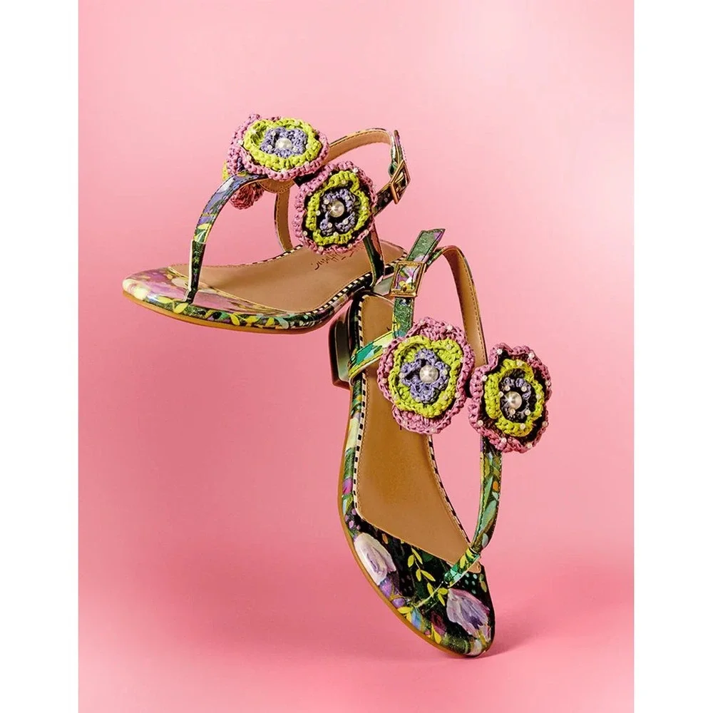 Betsey Johnson Cindii Floral Crochet Flower Pearl Flat Sandals Bright Multi Sz.8 - Picture 2 of 13